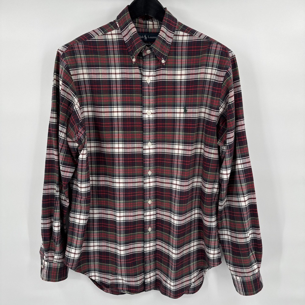 Polo Ralph Lauren Red Plaid Button Front Shirt Sz L Classic Fit Tartan Vintage